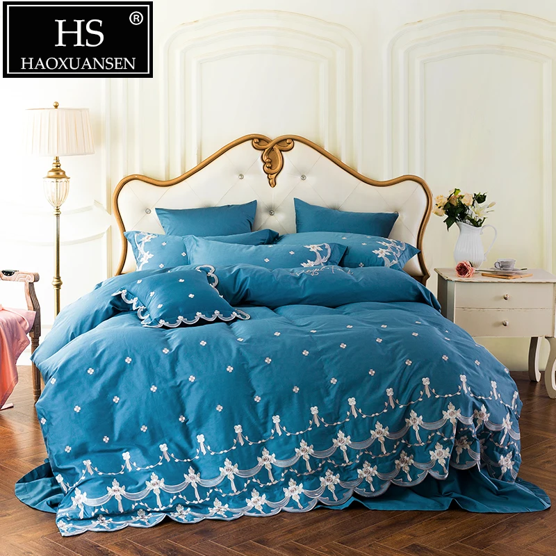 

HS 60S Princess Style 4pcs Bedding Sets Embroidery Egyptian Cotton Bedding Queen King Size Blue Bedsheet Duvet Cover Pillowcase