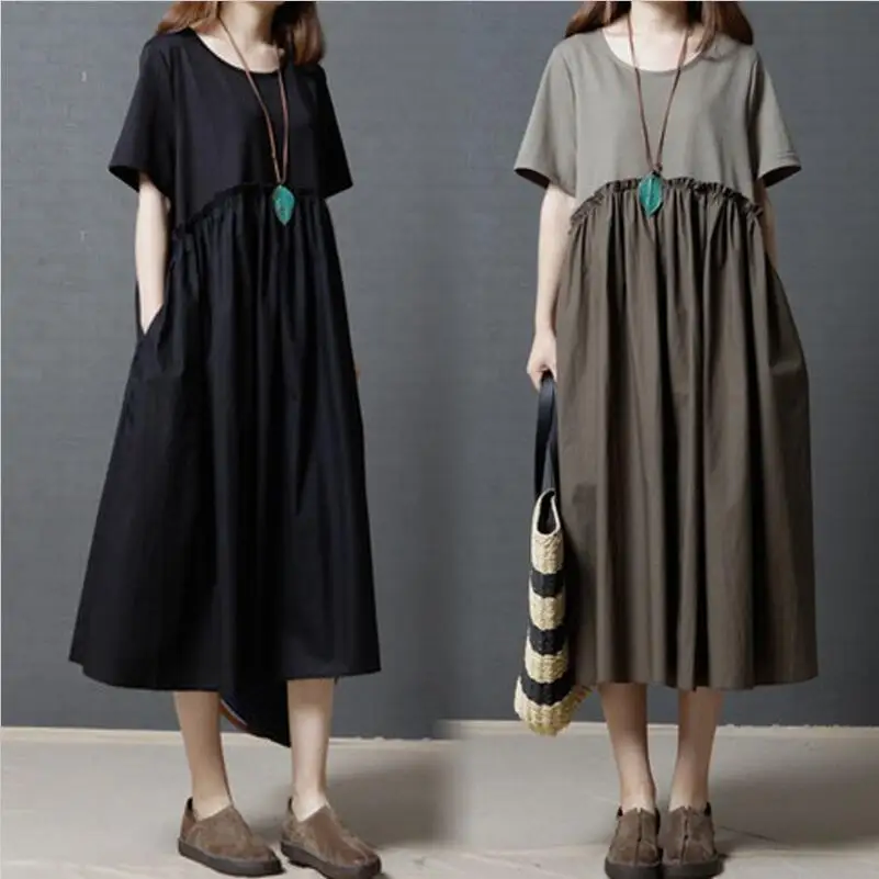 

Large Size Women Summer Dresses 2019 New Fashion Casual Loose Stitching Short sleeve Vintage Cotton Linen Dress