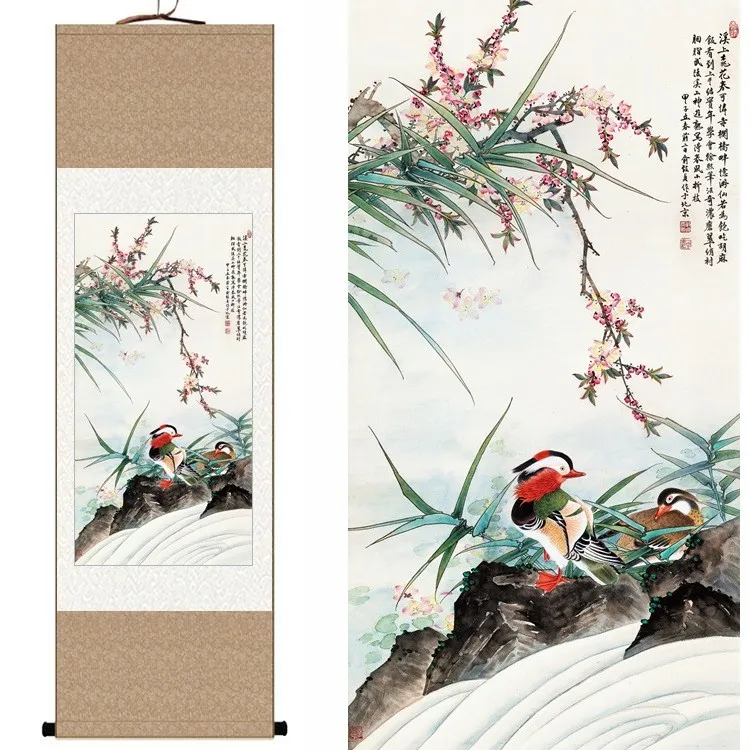 Китайские шелковые чернила Акварельные Цветы птицы персиковый цвет мандарин утка искусство фэн шуй Холст Настенная картина обрамленная свиток картины