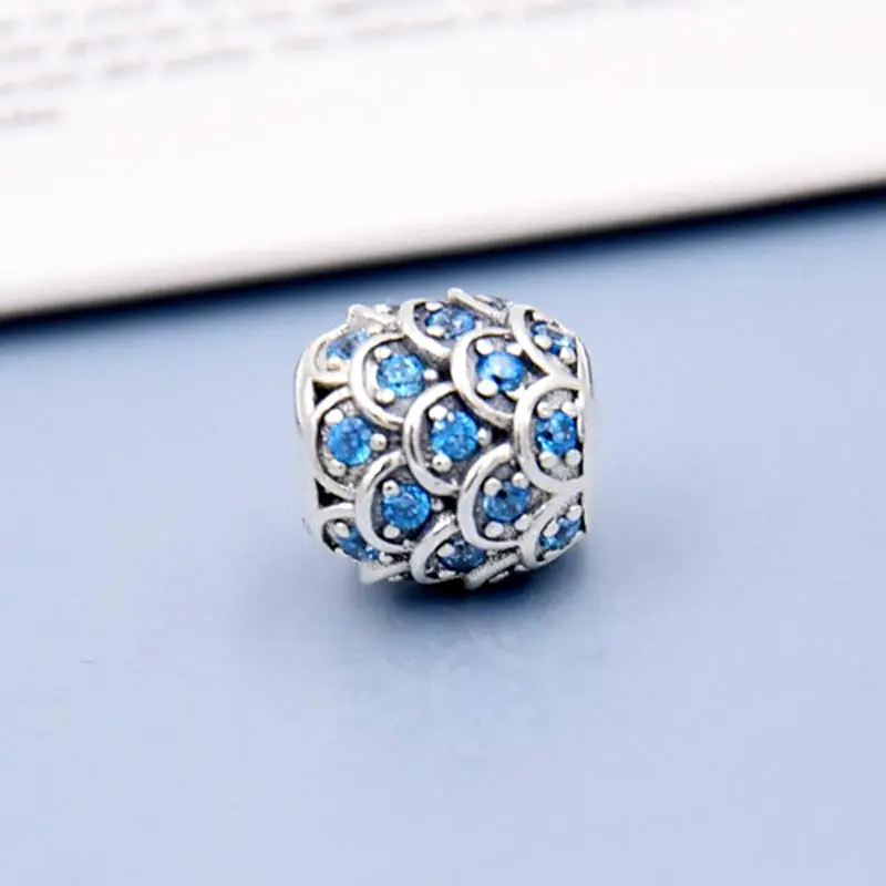 

Authentic 925 Sterling Silver Bead Charm Pave Fish Scale With Blue Crystal Beads Fit Women Pandora Bracelet Bangle DIY Jewelry