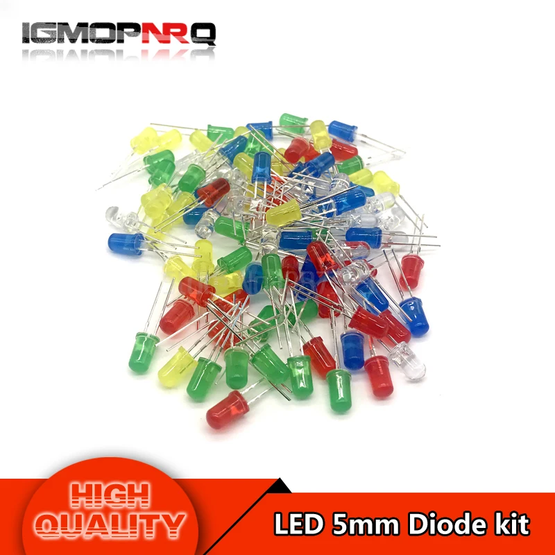 

5Colors*20PCS 100PCS 5mm LED Diode Light Assorted Kit Green Blue White Yellow Red COMPONENT DIY
