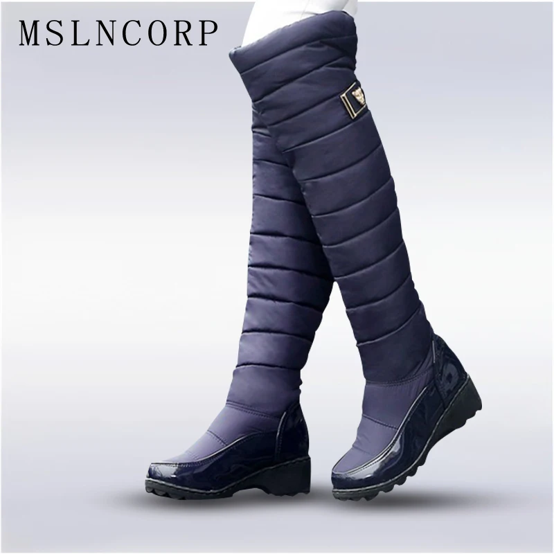 

Plus Size 34-44 winter women warm knee high boot ladies fashion platform Low Square Heel thigh snow boots shoes waterproof botas