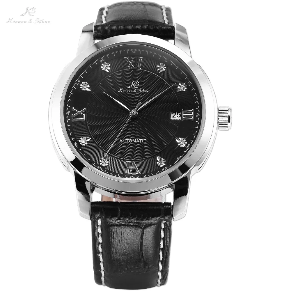 Genuine KS Automatic Mechanical Date Display Black Dial Silver Stainless Steel Case Leather Band Analog Men Wrist Watch / KS092 Genuine KS Automatic Mechanical Date Display Black Dial Silver Stainless Steel Case Leather Band Analog Men Wrist Watch / KS092