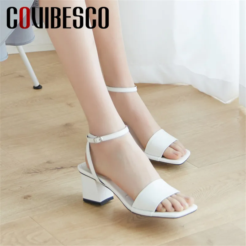 

COVIBESCO Summer Fashion Concise Square Toe Women Sandals 2019 New Buckle Shallow High Heels Genuine Leather Party Shoes Woman
