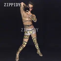 Для мужчин сексуальные печатных леопардовый комбинезон костюм скинни Стретч Мышцы боди производительность наряд для танцев для ночного