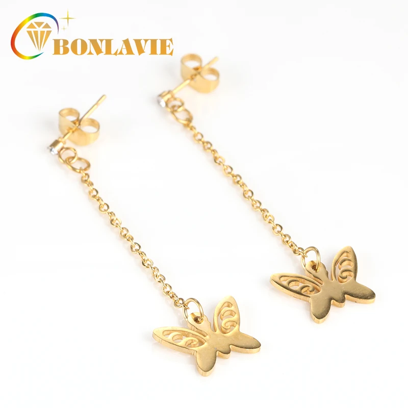

Women's Stainless Steel Long Earrings Gold Color Romantic Butterfly Dragonfly Earring Fashion Jewelry Accessories