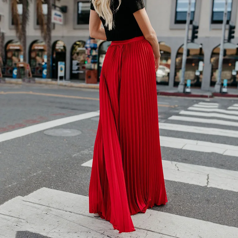 Holiday Style Pleated Women Skirts Ladies Solid Color Elastic High Waist Skirt Autumn Spring Casual Long Maxi Skirt Falda Larga