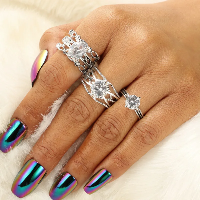 

New Vintage Rhinestone Bohemian Rings Set for Women Silver Geometric Rings Stainless Steel Hollow Jewelry Anelli Donna