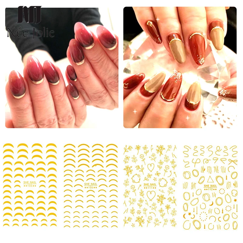 

Gold Nail Sticker French Flowers Geometric Lines Mixed Designs Self-adhesive Transfer Decals Slider 3D Nail Art Decorations
