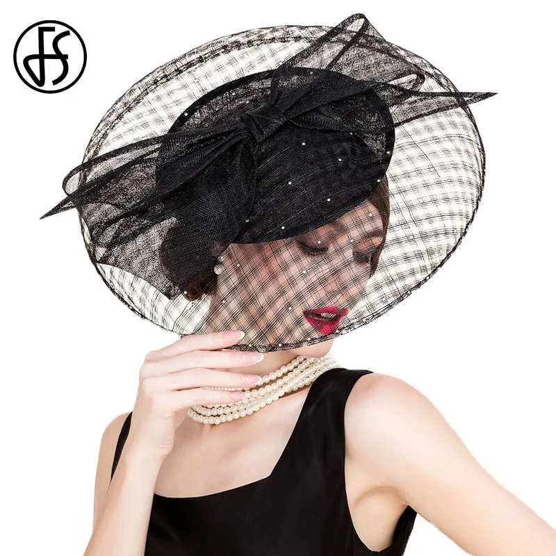 

FS Black Sinamay Vintage Hats For Women Philippines Large Brim Wedding Dress Hat Fascinator Ladies Kentucky Derby Hats Church