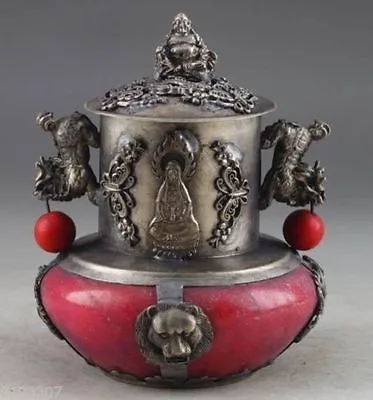 

Exquisite Tibetan Hand-carved Buddha Statues Inlay Jade Incense Burner