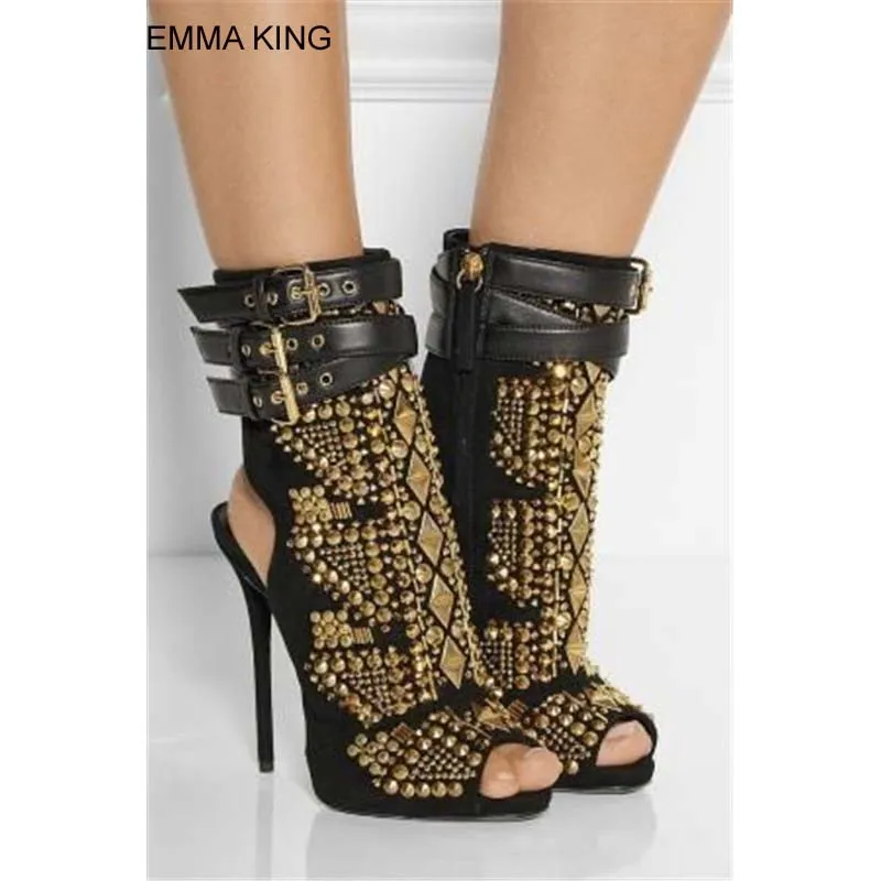 

New Design Gold Rivets Studded Gladiator Ankle Boots PeepToe Sexy Stiletto Heel Buckle Belt Sandals Punk High Heels Shoes Women