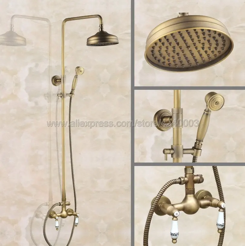 

Antique Brass Bathroom Rainfall Shower Faucet Set Mixer Tap With Hand Sprayer Wall Mounted Kan102