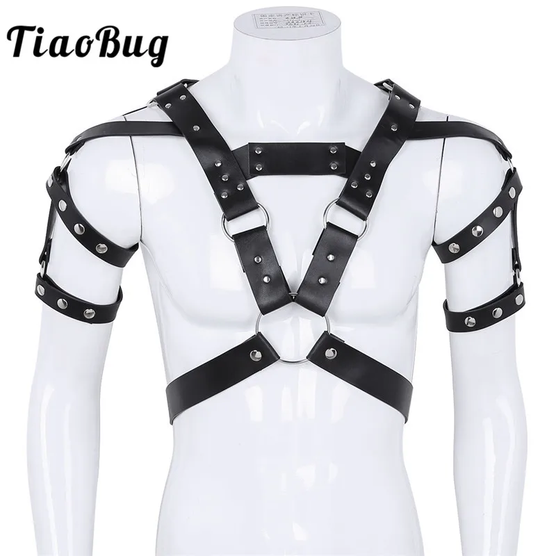TiaoBug Mens PU Leather Metal Rivet Body Chest Harness Muscle Men Bondage Belt Sexy Male BDSM
