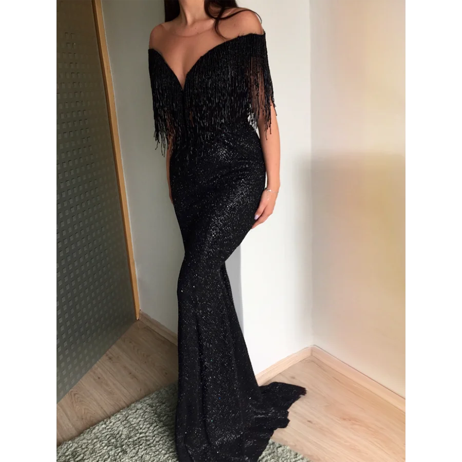 SoAyle Sequin Bead Tassels Evening Dresses Black Off the Shoulder Sexy