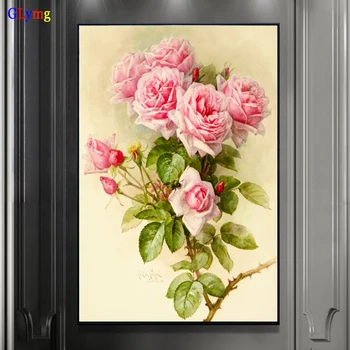 

GLymg 5D Diy Diamond Embroidery Pink Rose Flower Full Round Drill Diamond Painting Cross Stitch Vertical Engraving Home Decor