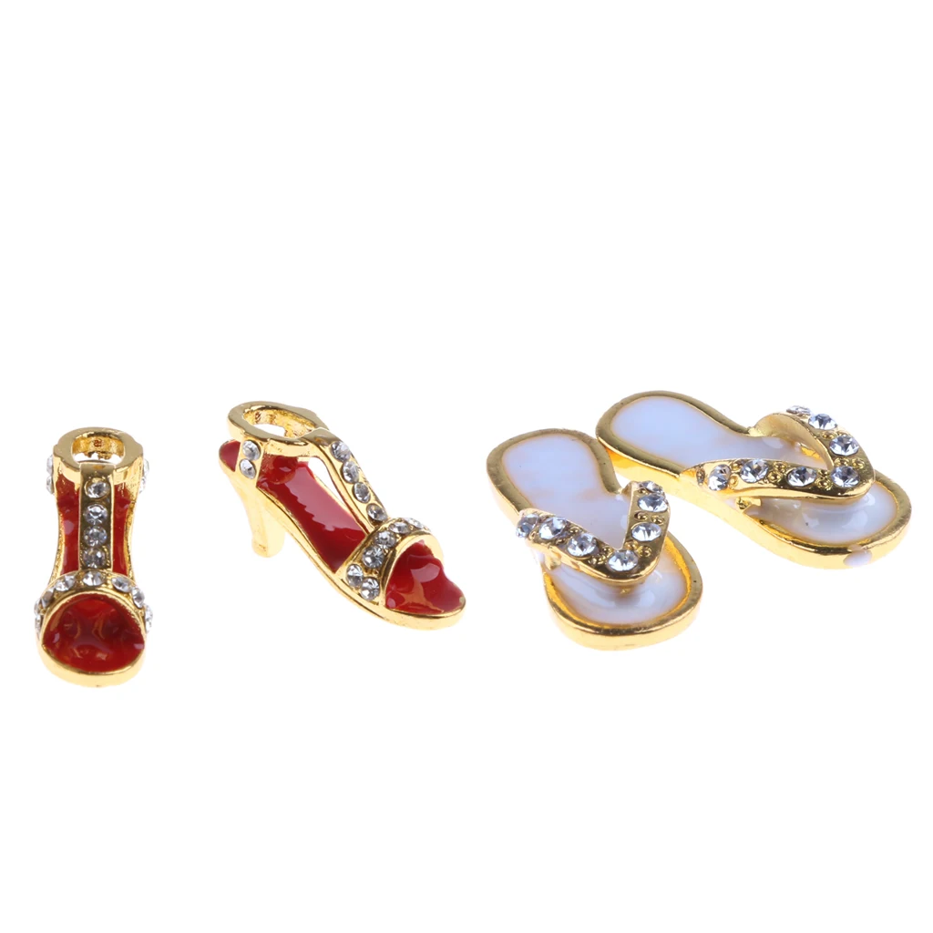 2 Pairs Lady Women Metal High-heeled Shoes Boots Slippers with Diamond 1:12 Dollhouse Miniature Home Shop Showcase Accessories