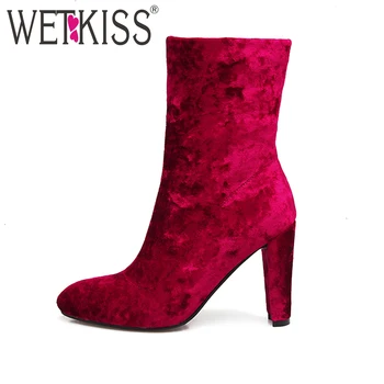 

2018 Big Size 33-46 Elegant Ladies Flock Ankle Boots Side Zipper High Heels Shoes Autumn Woman Boot Female Winter Boots 4 Colors