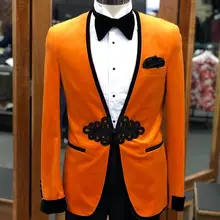 Горячая Распродажа! orange бархат с чёрной атласной воротники с v-образным вырезом на шее, один узел кнопка черный брючный костюм к ужину для мужчин свадебные костюмы, костюмы
