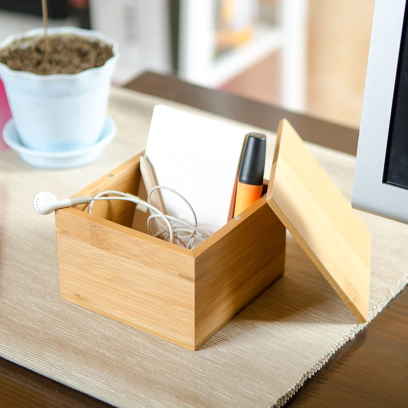 

Small Bamboo Storage Box with Cover Modern Style Natural Wood Desk Organizer Table Storage Box for Sundries/Candies/Nuts