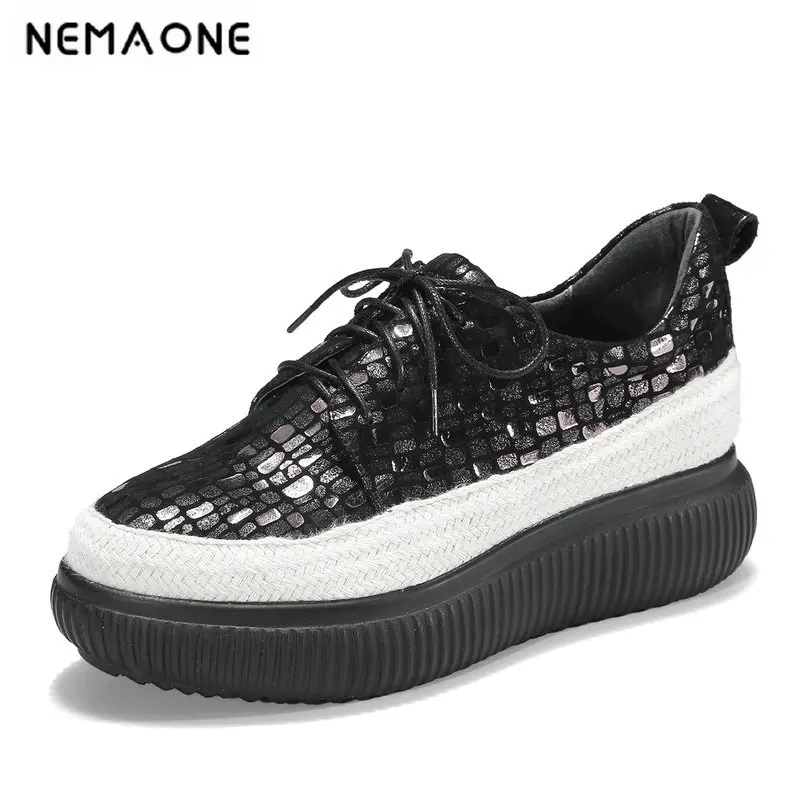 

NEMAONE Women's genuine Leather Footwear Oxfords platform Shoes wedges Brogue Lace Up Derby shoes Woman oxford shoes ladies