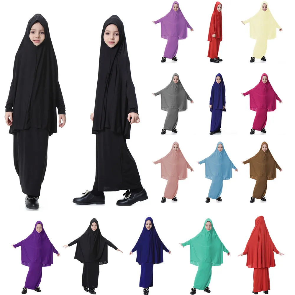 

Muslim Kids Girls Hijab Caps+Skirt 2Pcs Set abaya Maxi Dress Islamic Clothes D426