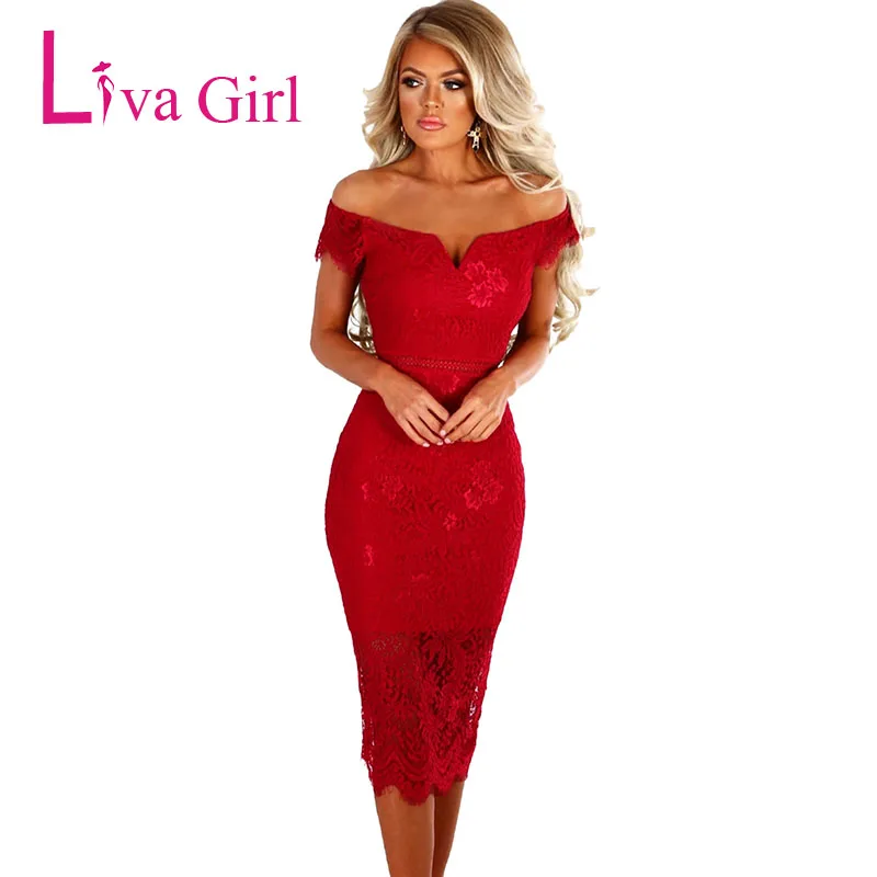 LIVA/кружевные вечерние платья для девушек, женское облегающее платье миди с открытыми плечами, сексуальное красное летнее платье, офисное платье-карандаш, Vestidos De Fsiesta - Цвет: Red