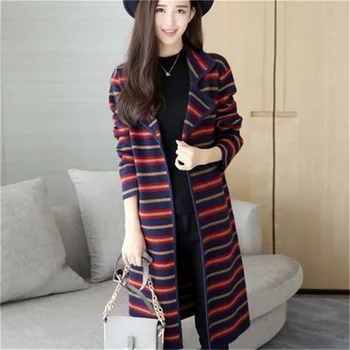 

stripe Long Sleeve Knitted Cardigan New Autumn Winter Long Casual Cardigans Female Coat Loose Outwear Women Sweater