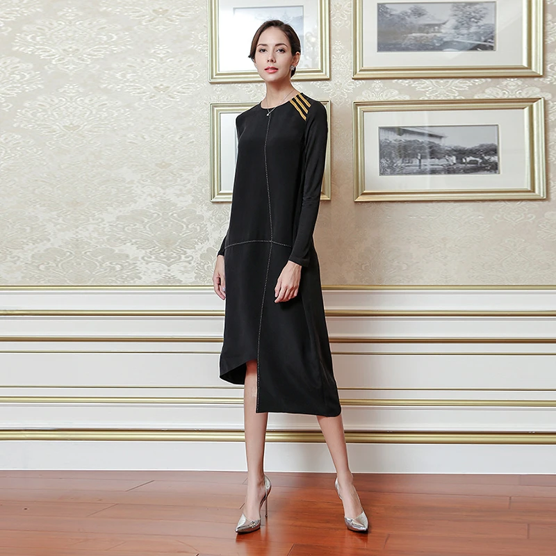 VOA Черный Плюс Размер тяжелый шелк с длинным рукавом лоскутное короткое платье для женщин вечерние женские ночные летние платья одежда ALJ01701