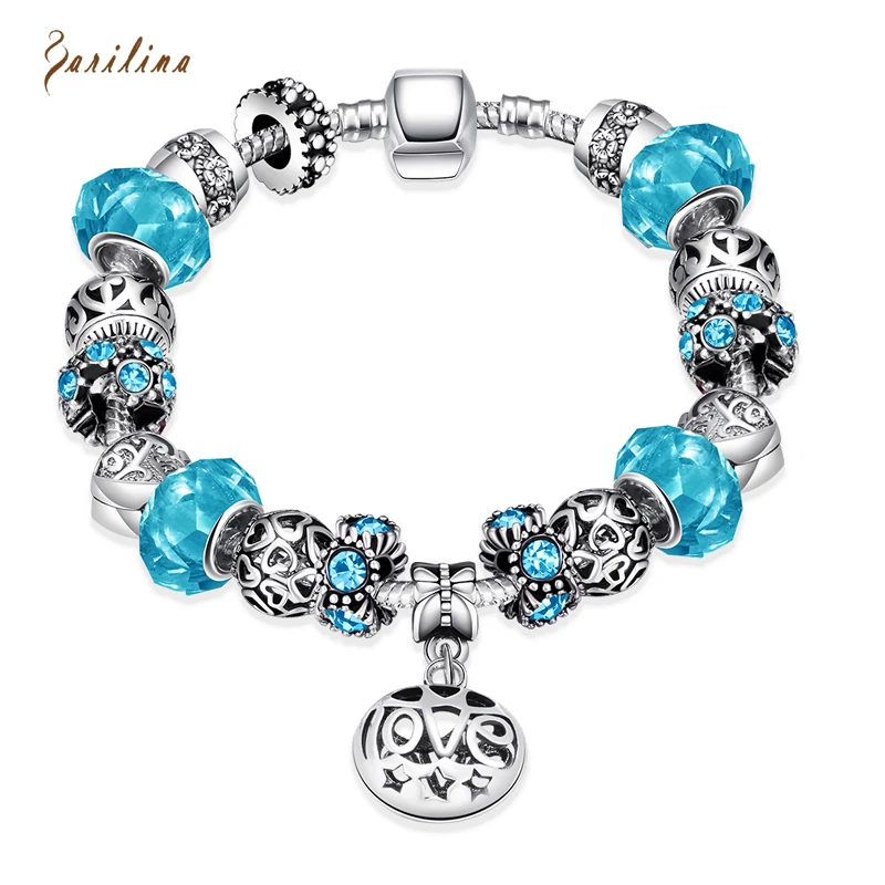 

Hot Sell European Style Silver Blue Crystal Charm Bracelet for Women With love Blue Murano Glass Beads Jewelry B2010