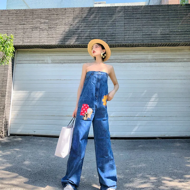 WHITNEY WANG Summer Fashion Streetwear Embroidery Patchwork Strapless Overall Jeans Women Stylish Denim Pants