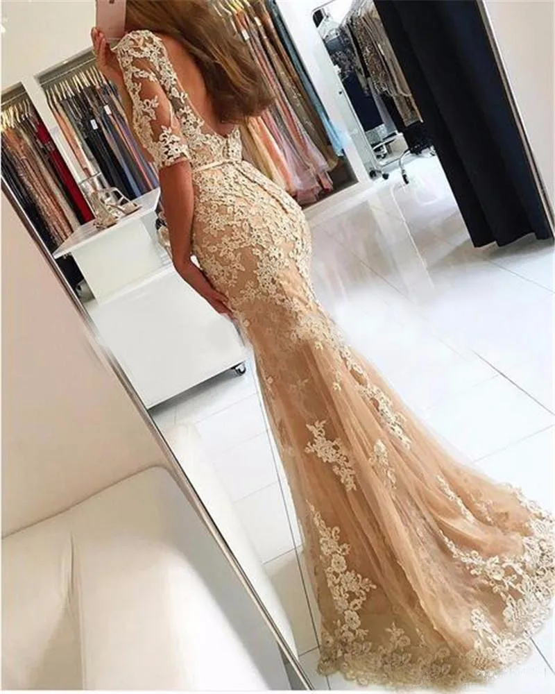 Champagne Lace Tulle Mermaid Half Sleeves Sexy Backless Dress Illusion Sheer Scoop Formal Gown Bridesmaid Dresses