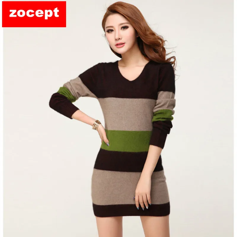 

zocept Women's Sweaters Autumn Winter Warm Fashion Women Tricolor Stripes Long Sweaters Cashmere blend Knitted V-Neck Pullovers