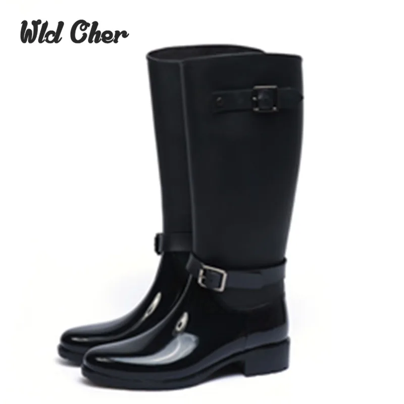 

Charming Plus Size 39 New Rain Boots Woman Knee High With Zipper And Buckle Cool Riding Rubber Botas Winter Water Boots