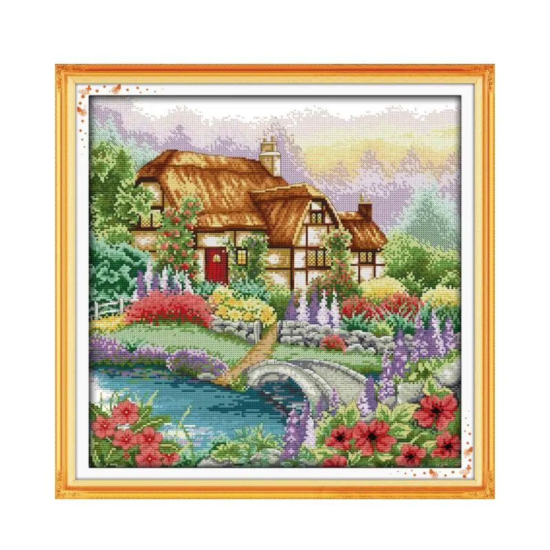 

11CT 14CT cross stitch kit, flower cottage villa diy handmade needlework with Chinese characteristics decorative paintings