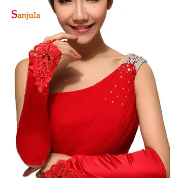 

Red Satin Fingerless Bridal Gloves Lace Appliques with Beaded Opera Length Women's Formal Party Gloves Wedding Accessories G01