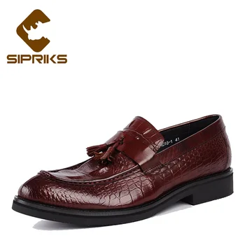 

Sipriks genuine leather loafers with tassels men burgundy slip on dress shoes crocodile style suits men shoes smoking slippers