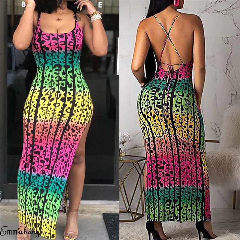 

Sexy Spaghetti Strap Dress For Women Sexy Leopard Print High Side Split Slim Beach Dress Women Sleeveless Maxi Beach Vestidos