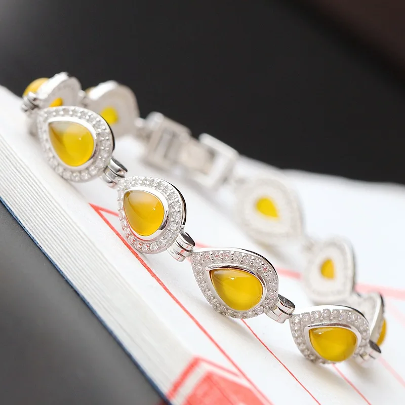 

Vintage Thai Silver Wholesale Inlaid Natural Yellow Chalcedony Fashion Lady S925 Sterling Silver Hypoallergenic Bracelet