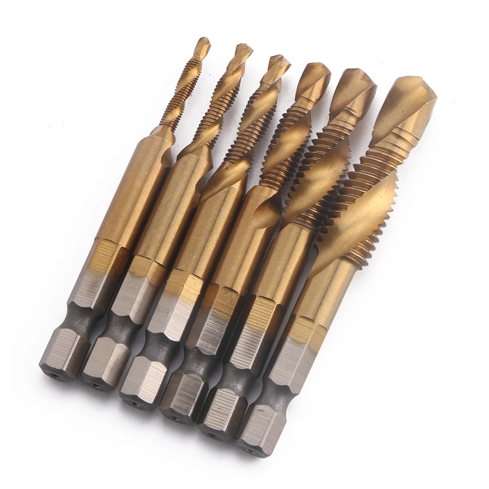 

6pcs Metalworking High Speed Steel 1/4" Hex Shank Titanium Coated Combined Tap Drill Tapping Hole Cutter Chamfering Set