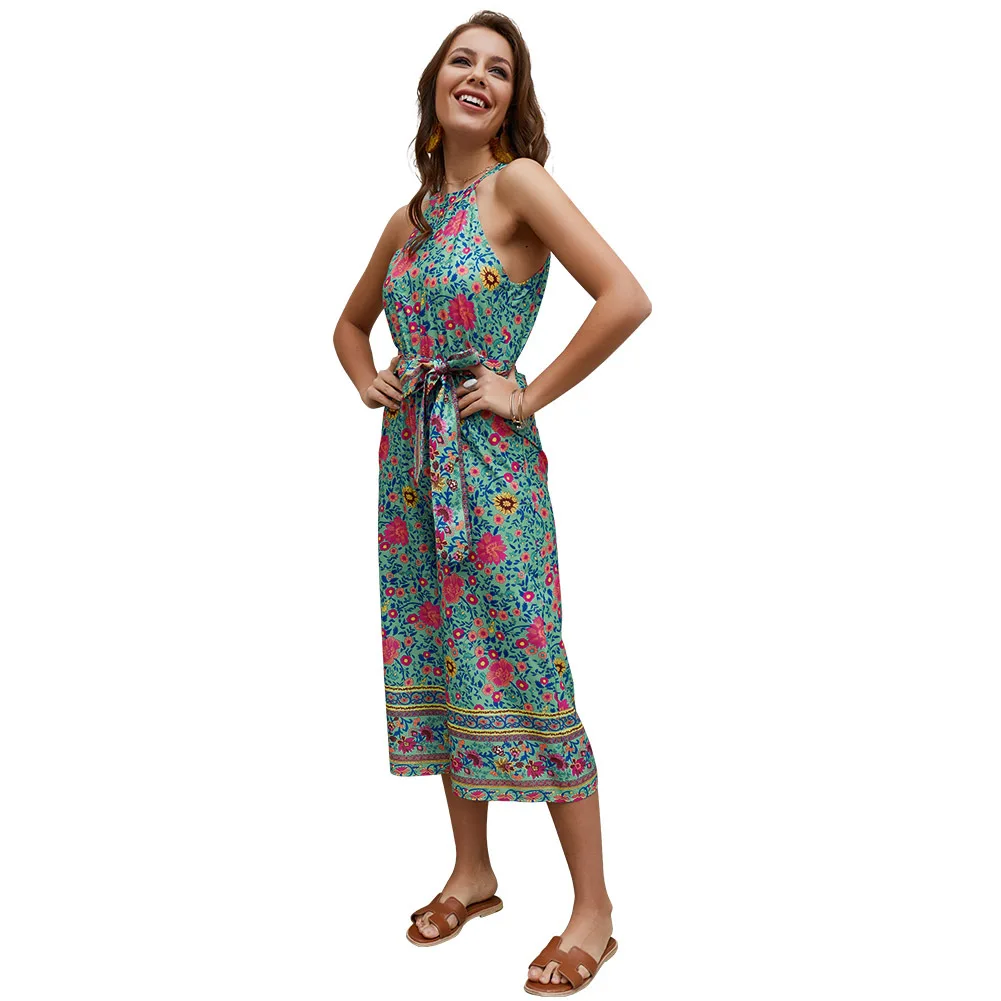 Elegant Sexy Jumpsuits Women Sleeveless Polka flower print Loose Trousers Wide Leg Pants Rompers Holiday Backless Overalls