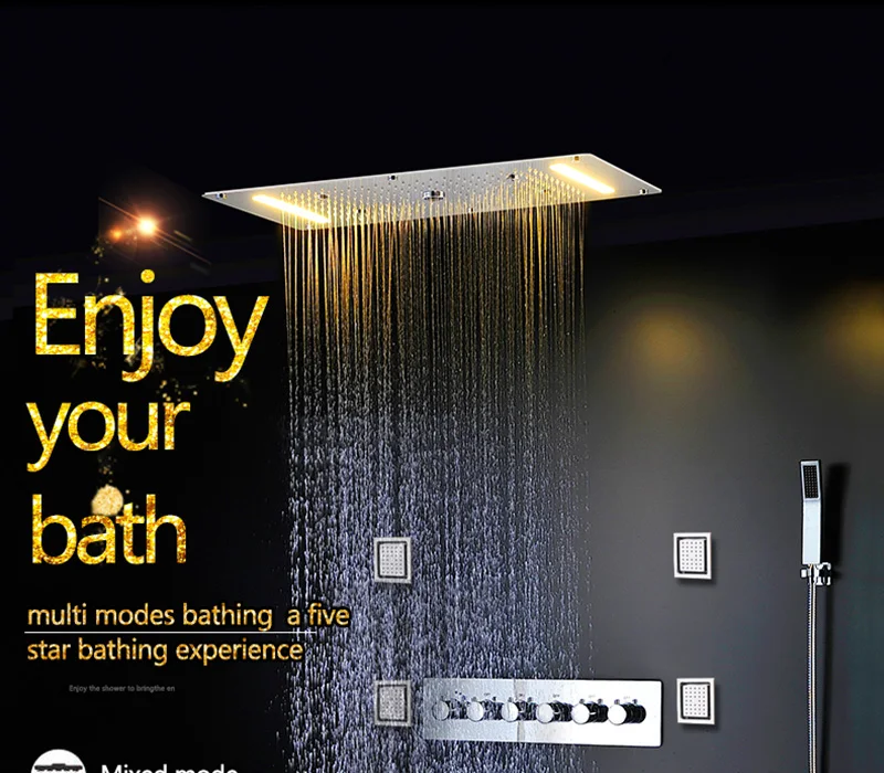 Embed Ceiling Rainfall Showers Set Massage Spray Led Electric Power Bathroom 5 Way Conceal Install Thermostatic Shower Faucets  (1)