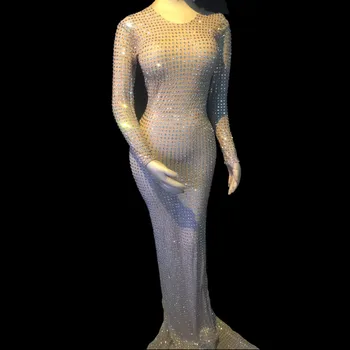

Crystals Evening Party Floor Length Dress Women Stage Costumes Nightclub Sexy Women Dress Dance Performance Shining Dress