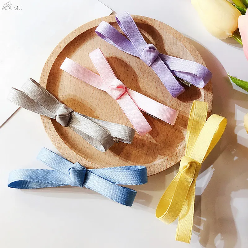 

AOMU 2019 New Fashion Macaron Color Pink Hair Clips Handmade Cotton Ribbon Bowknot Hairpins Barrette For Women Hair Access