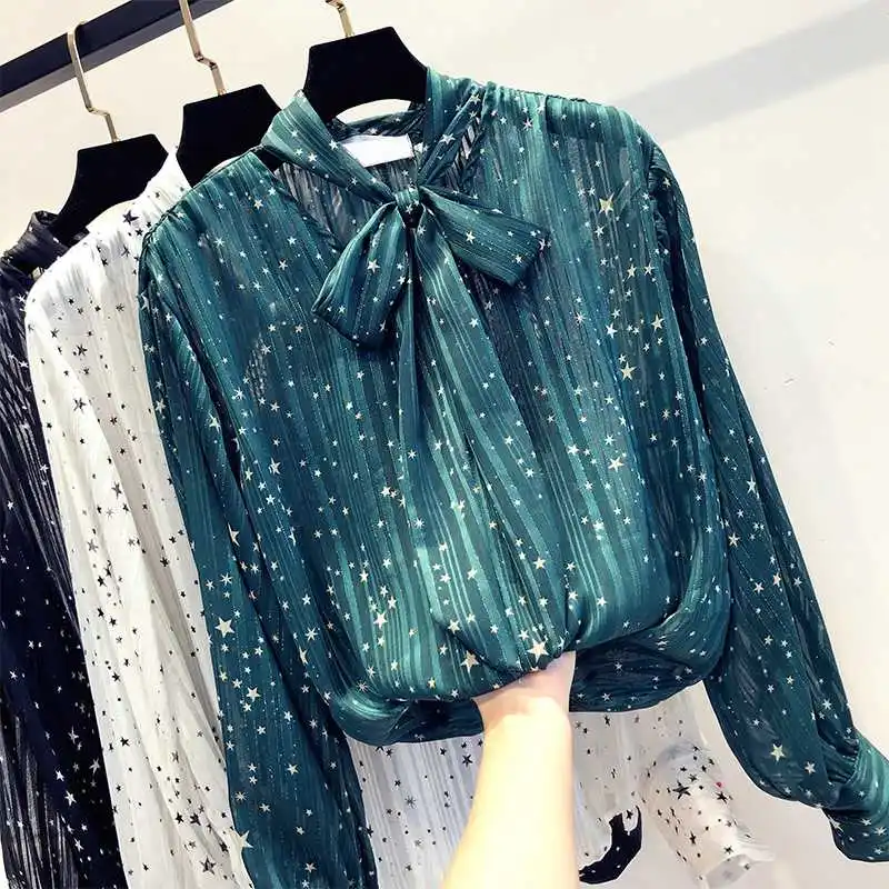 

Mferlier Women Blouses Bow Lace Up V Neck Long Sleeve Stars Print Black White Green Loose Elegant Ladies Chiffon Blouse