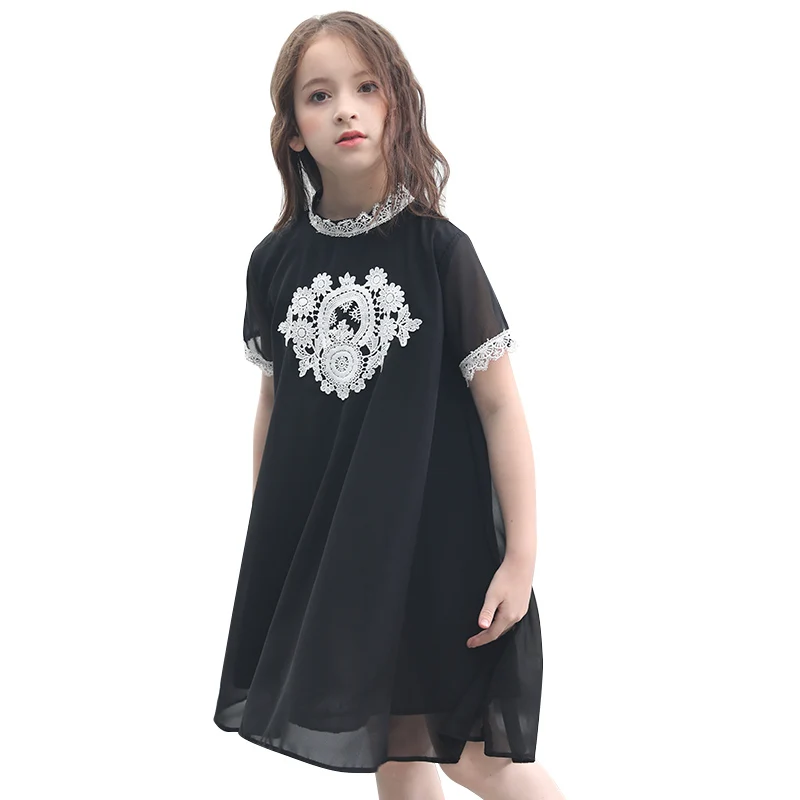Шифоновое платье для девочек-подростков; летнее платье в европейском и американском стиле; черное шифоновое платье свободного кроя; элегантное платье для крупных девочек; Vestidos; детская одежда