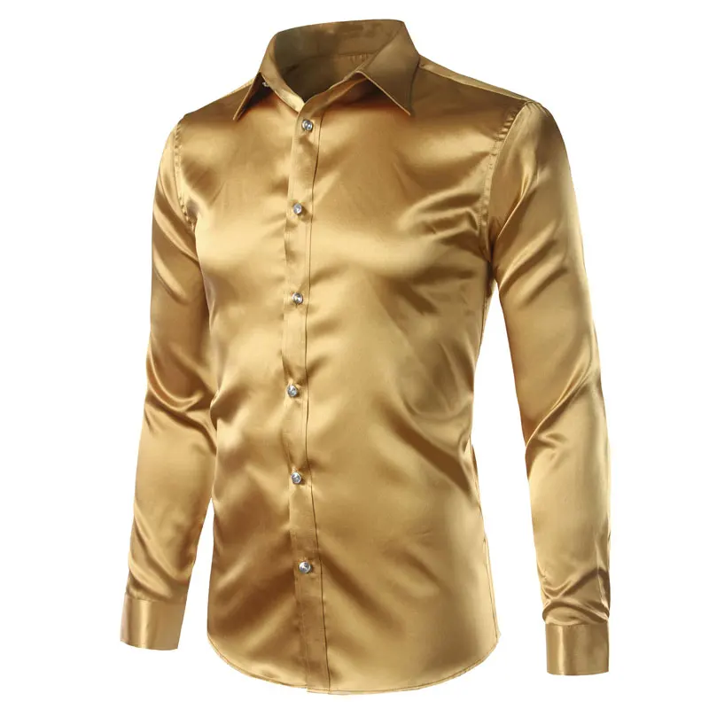 Новый золотой шелковый атлас рубашка мужчин Slim Fit с длинным рукавом рубашки мужские эмуляции шелковая рубашка мужской для вечеринок и
