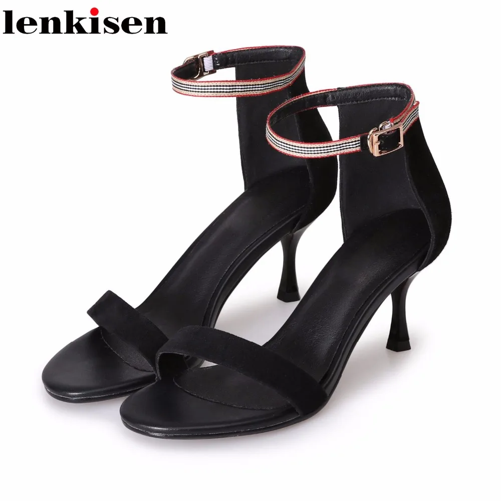 

Lenkisen kid suede original design peep toe stiletto high heels shoes bling shiny ankle strap modern elegant women sandals L69