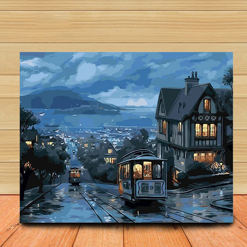 

MOLEK Small Town Tram Landscape DIY Oil Painting by Numbers Building Coloring Hand Painted Wall Poster Pictures for Home Decor
