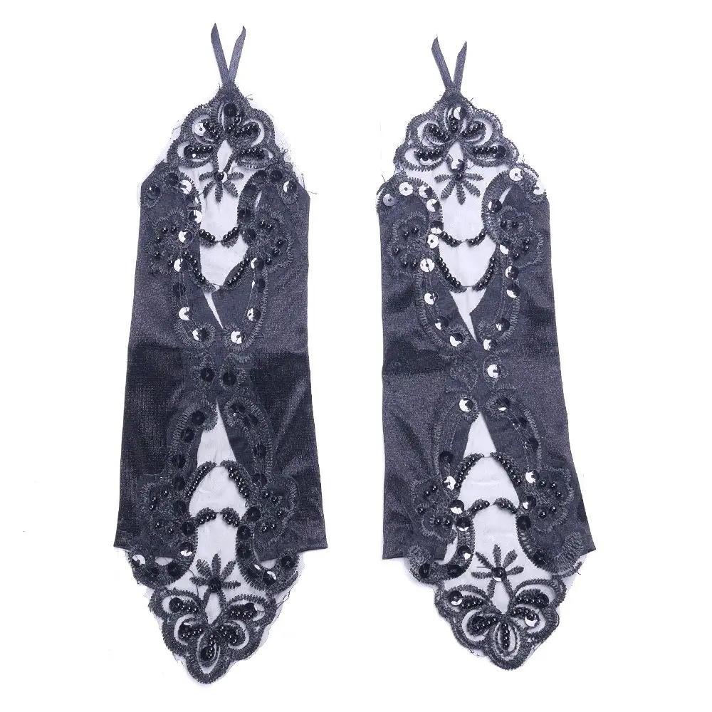 

Fashion Lace Long Gloves Black Beading Stretch Fingerless Embroidered Gloves Retro Gothic